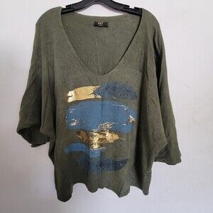 NT by Amori Green Gold Metallic Graphic Knit V Neck Pullover Sweater Size Large
